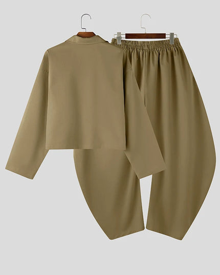 INCERUN Men’s Two-Piece Set: Lapel Long Sleeve Flared Shirt & Flared Pants