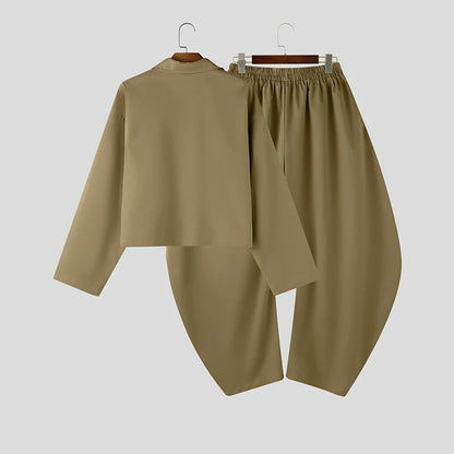 INCERUN Men’s Two-Piece Set: Lapel Long Sleeve Flared Shirt & Flared Pants