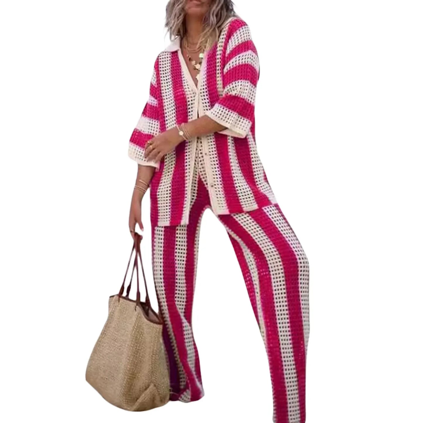 Women's Two-Piece Striped Knit V-Neck Hollow Out Button Top & Wide Leg Pants Set