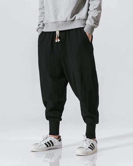 Men's Cotton Linen Harem Pants - Solid Elastic Waist Joggers - Various Colors