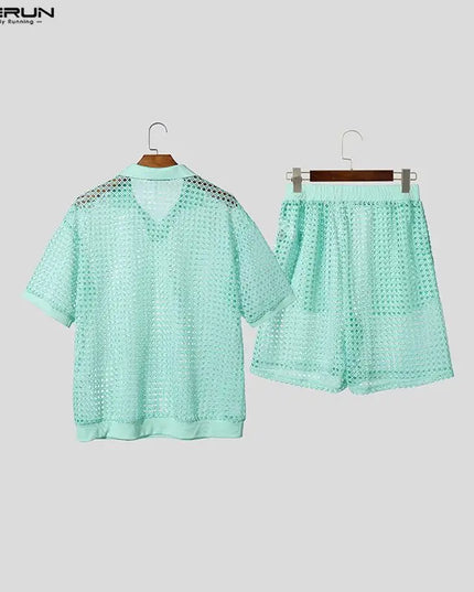 Incerun Men's Two-Piece Hollow Out Lapel Short Sleeve T-Shirt and Short Set