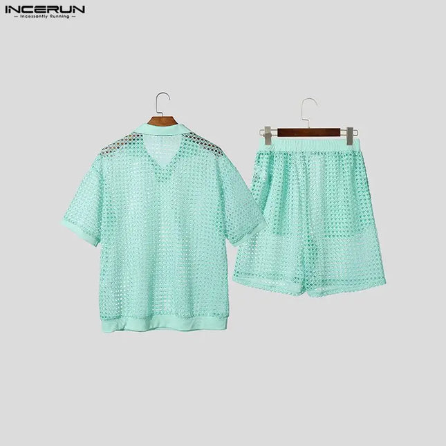Incerun Men's Two-Piece Hollow Out Lapel Short Sleeve T-Shirt and Short Set