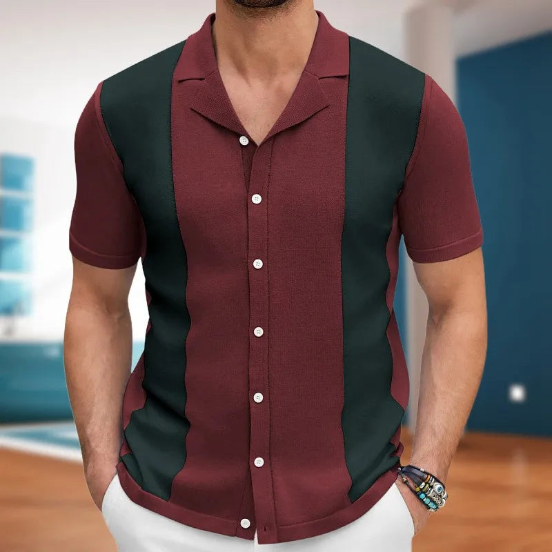 Men's Breathable Striped Knit Patchwork Polo Shirt - Short Sleeve Button-Up