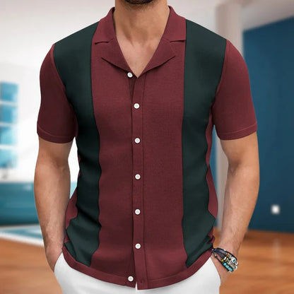 Men's Breathable Striped Knit Patchwork Polo Shirt - Short Sleeve Button-Up