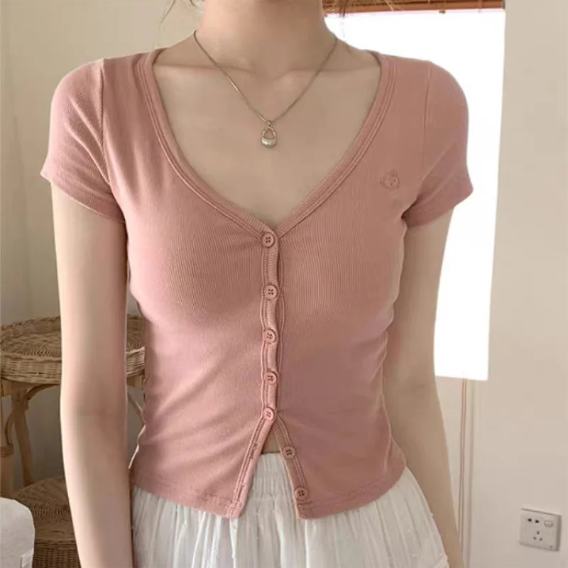 Women's V-Neck Short Sleeve Button Crop Top Sweater