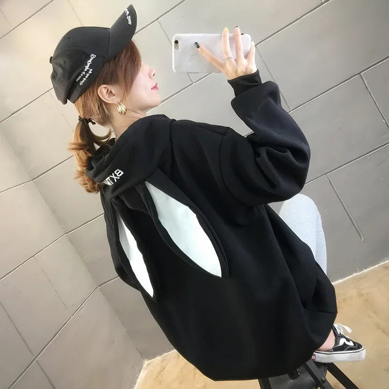 Women’s Fleece Thicken Hooded Pullover Sweater with Rabbit Ear Design