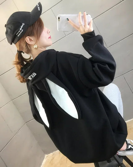 Women’s Fleece Thicken Hooded Pullover Sweater with Rabbit Ear Design