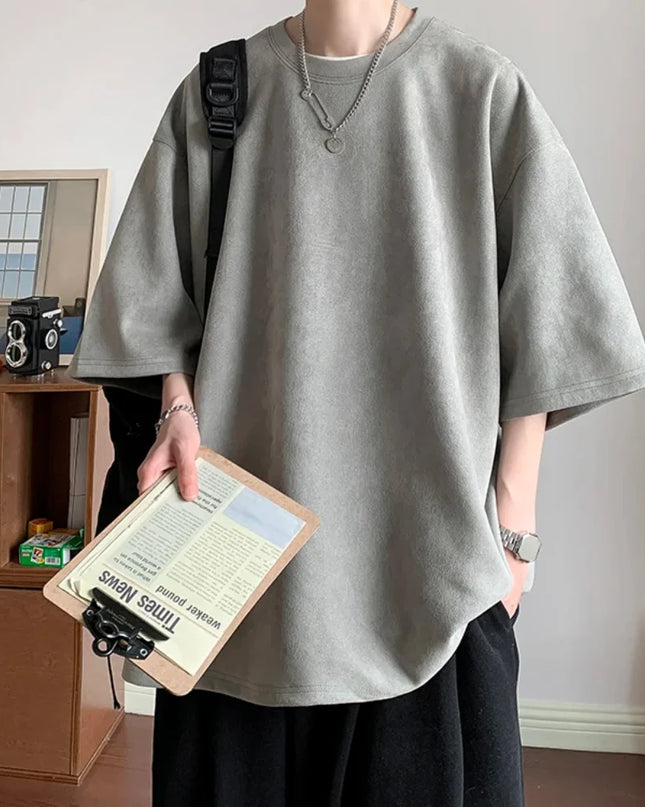 Men's Oversized Faux Suede Short Sleeve T-Shirt with Round Neck