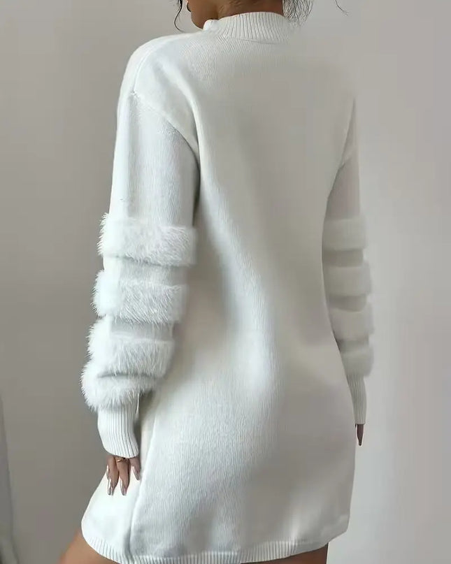 Women's Casual Loose-Fit Knit Patchwork Dress with Stand Collar