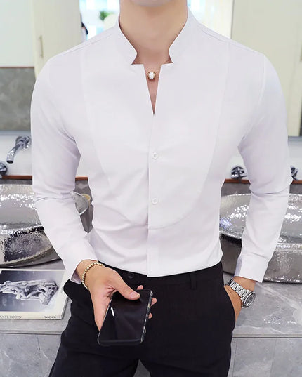 Slim Fit Long Sleeve Stand Collar Shirt for Men