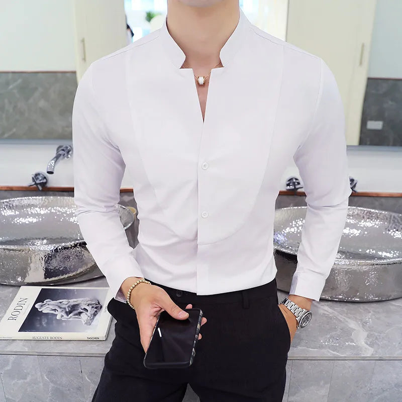 Slim Fit Long Sleeve Stand Collar Shirt for Men