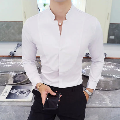 Slim Fit Long Sleeve Stand Collar Shirt for Men