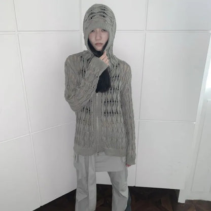 Vintage Hollow Loose Fit Zipper Long-Sleeved Cardigan for Women