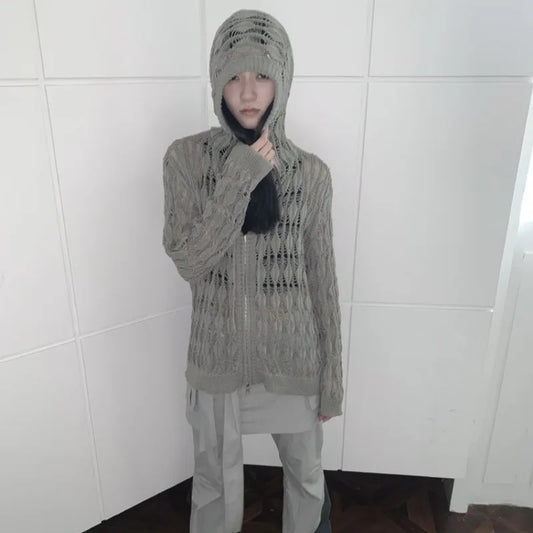 Vintage Hollow Loose Fit Zipper Long-Sleeved Cardigan for Women