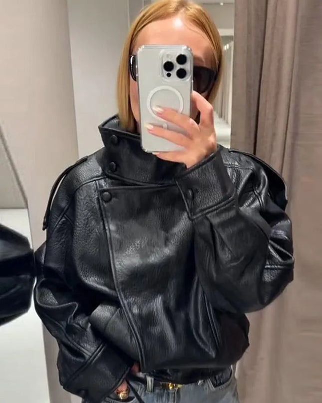 Women's Stand Collar Faux Leather Jacket with Double Button Closure
