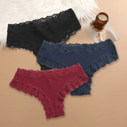 Set of 3 Women's Cotton Lace Panties - Floral Print & Trendy Patchwork Briefs