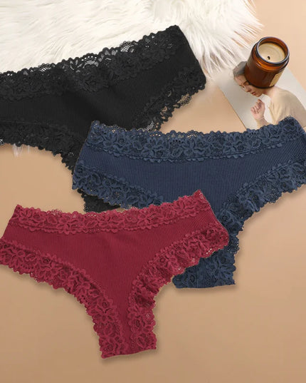 Set of 3 Women's Cotton Lace Panties - Floral Print & Trendy Patchwork Briefs