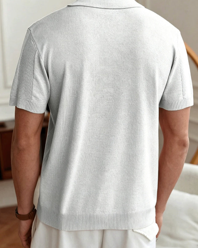 Men's Knit Polo T-Shirt with Vertical Stripes and Lapel