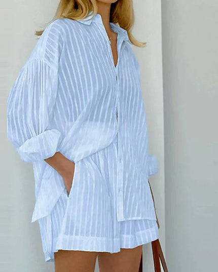 Women's Casual Two-Piece Striped Jacquard Shirt and Elastic Waist Shorts Set