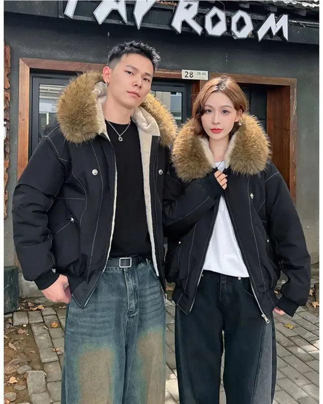 Unisex Fur Collar Hooded Parkas - Thicken Padded Casual Jackets with Zipper