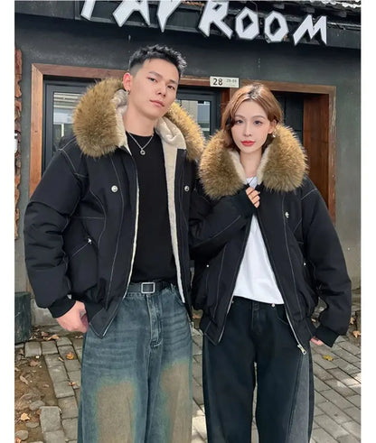 Unisex Fur Collar Hooded Parkas - Thicken Padded Casual Jackets with Zipper