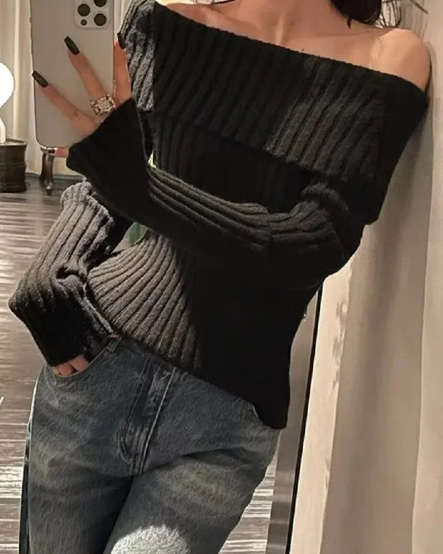 Off-the-Shoulder Knitted Pullover Sweater - Full Sleeve Knitwear for Women