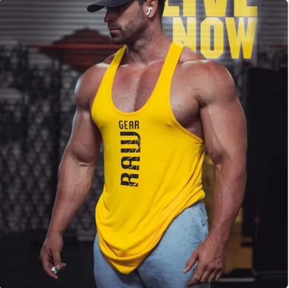 Men's "Raw Gear" Graphic Cotton Stringer Tank Top - Various Colors