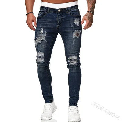 Men's Skinny Slim Fit Ripped Denim Jeans with Stretch, Hole & Patchwork Design