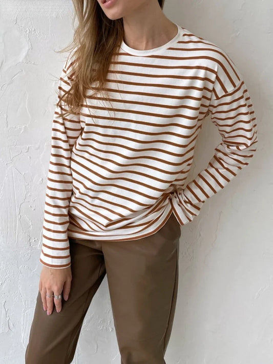 Women's Knitted Stripe Sweater - Loose Fit, Long Sleeve - Various Colors