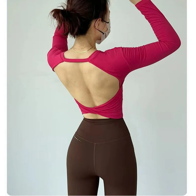 Long Sleeve Women's Yoga Top with Fixed Chest and Backless Design