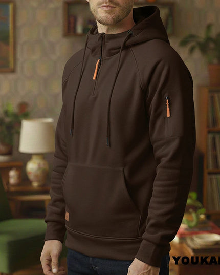 Men's Retro Hooded Sweatshirt with Long Sleeves, Zipper, Multiple Pockets