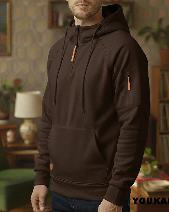 Men's Retro Hooded Sweatshirt with Long Sleeves, Zipper, Multiple Pockets