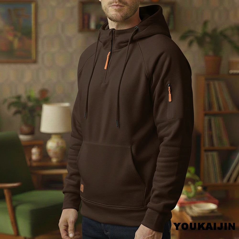 Men's Retro Hooded Sweatshirt with Long Sleeves, Zipper, Multiple Pockets