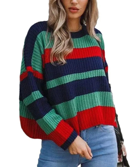 Women's Casual Knitted Sweater with Round Neck and Contrasting Stripe