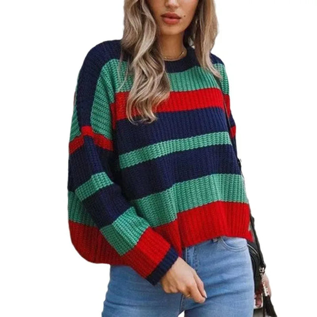 Women's Casual Knitted Sweater with Round Neck and Contrasting Stripe