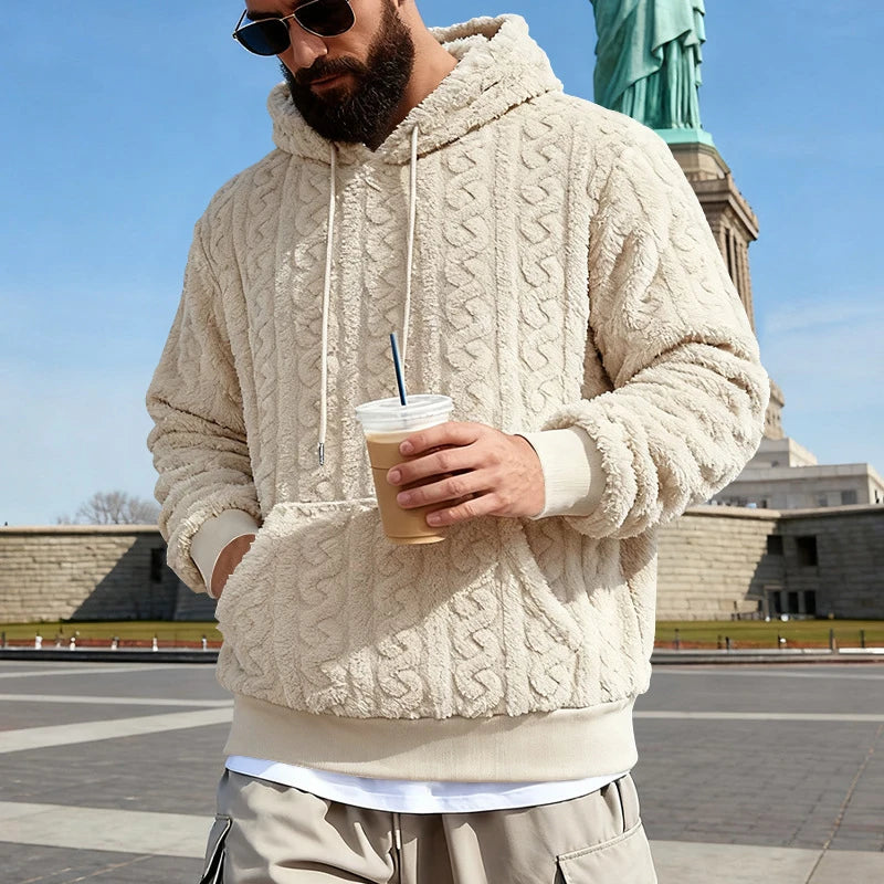 Men's Vintage Jacquard Textured Fleece Hoodie with Hood