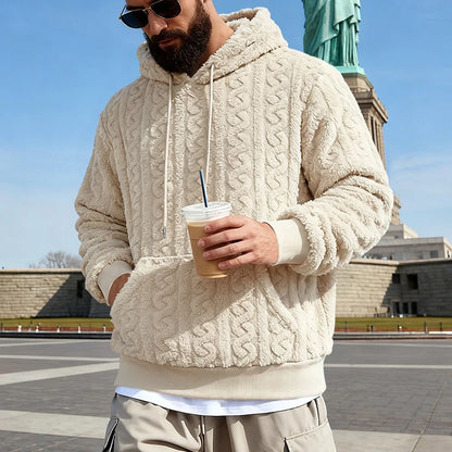 Men's Vintage Jacquard Textured Fleece Hoodie with Hood