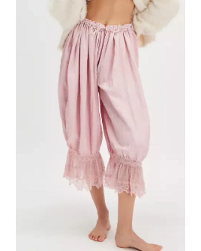 Women's Floral Lace Loose Fit Cropped Pants - High Waist Drawstring Calf-Length Lantern Bloomers
