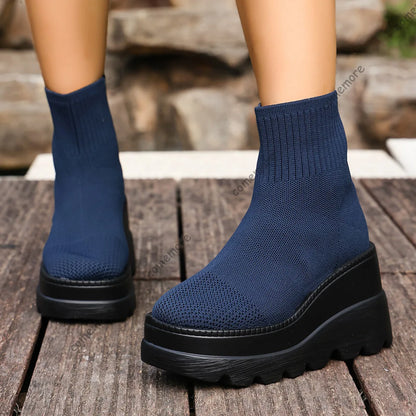 Women's Wedge High Heels - Breathable Weaving Elastic Short Boots with Thick Sole