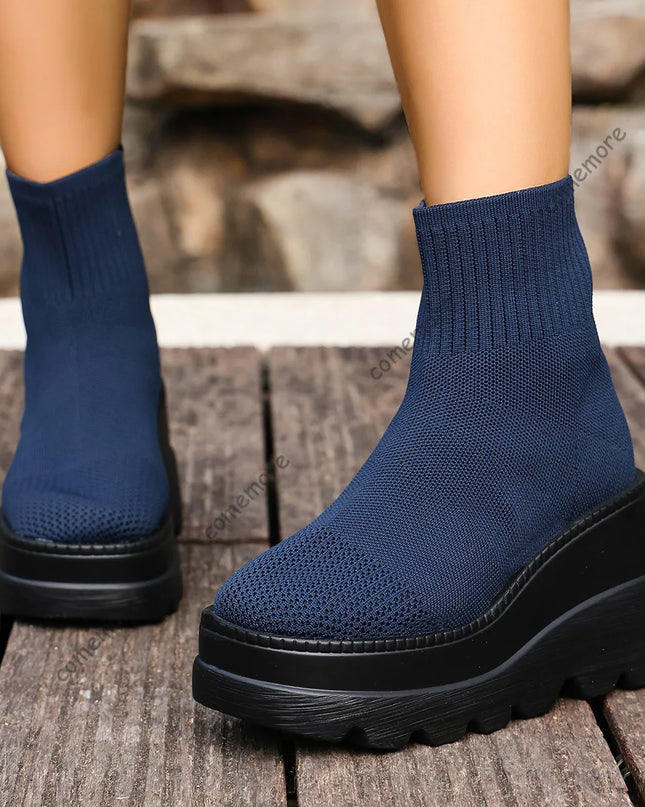 Women's Wedge High Heels - Breathable Weaving Elastic Short Boots with Thick Sole