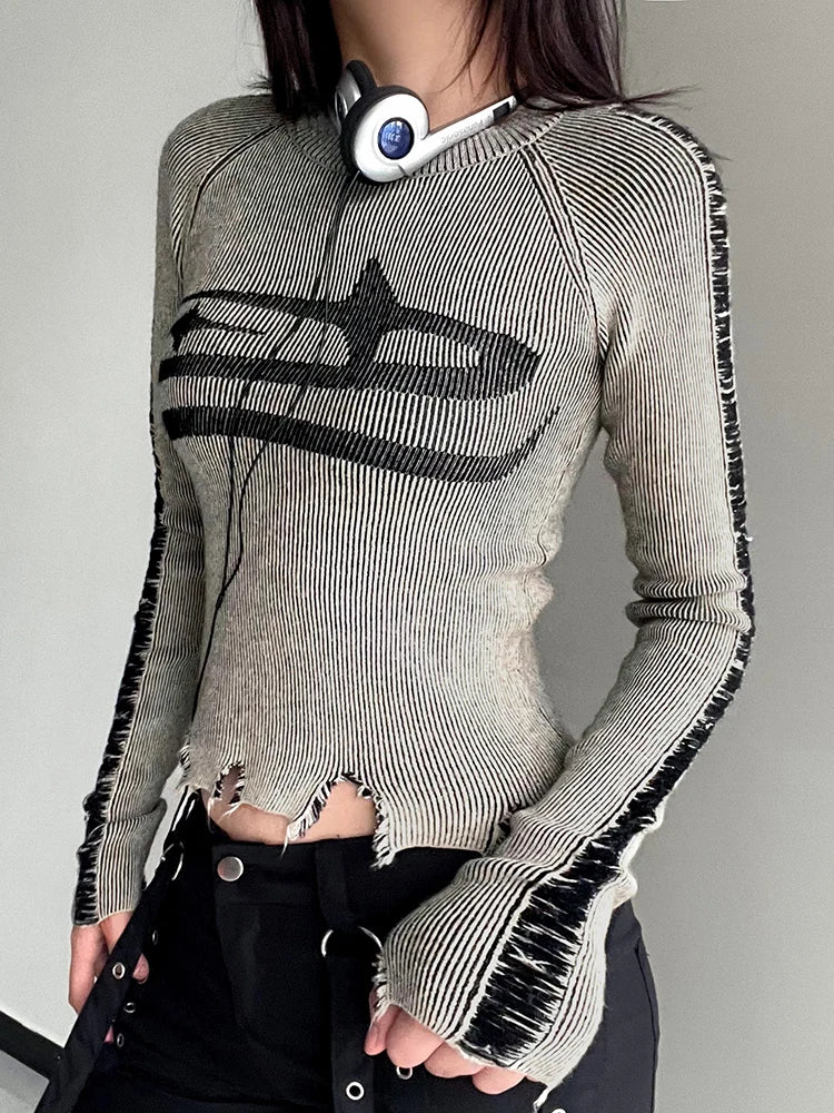 Womens Vintage Ripped Knitted Sweater with Harajuku Print