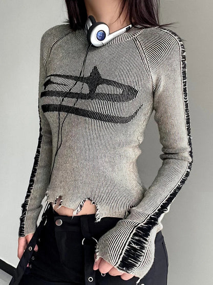 Womens Vintage Ripped Knitted Sweater with Harajuku Print
