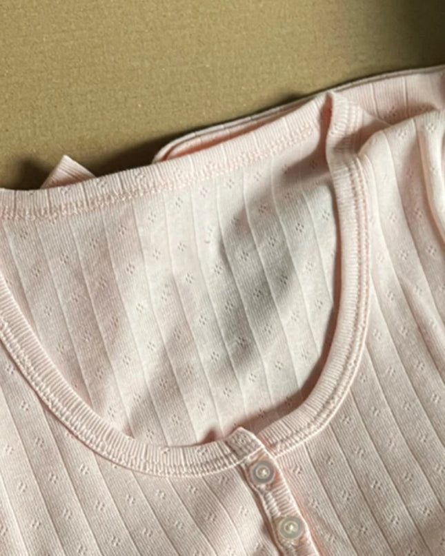 Women's Hollow Out Long Sleeve Round Neck Button-Up Slim Fit Cotton Sweater