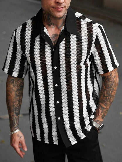 Men's Casual Knitted Shirt with Hollow Out Design
