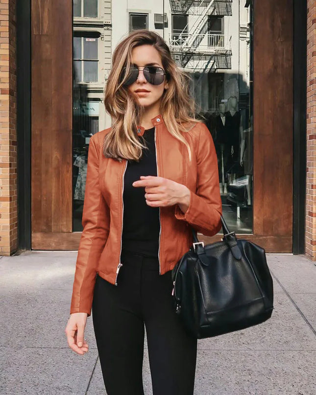 Women’s Stand Collar Faux Leather Jacket - Various Colors