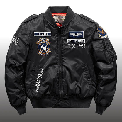 Black bomber jacket with patches and text on a white background