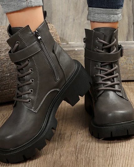 Women’s Chunky Heel Belt Buckle Boots with Lace-Up Design
