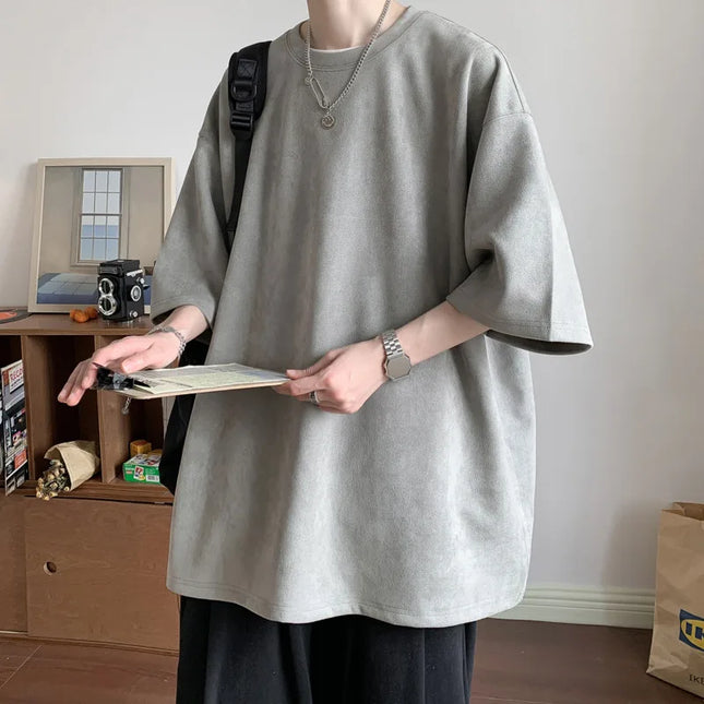 Men's Short Sleeve T-Shirt with Round Neck and Loose Fit in Suede Material