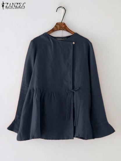 ZANZEA Vintage Women’s Long Flare Sleeve Cotton Blouse