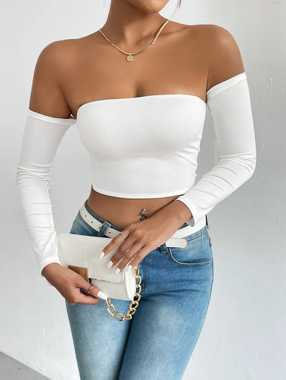 Women's Casual Long Sleeve Off-Shoulder Crop Top